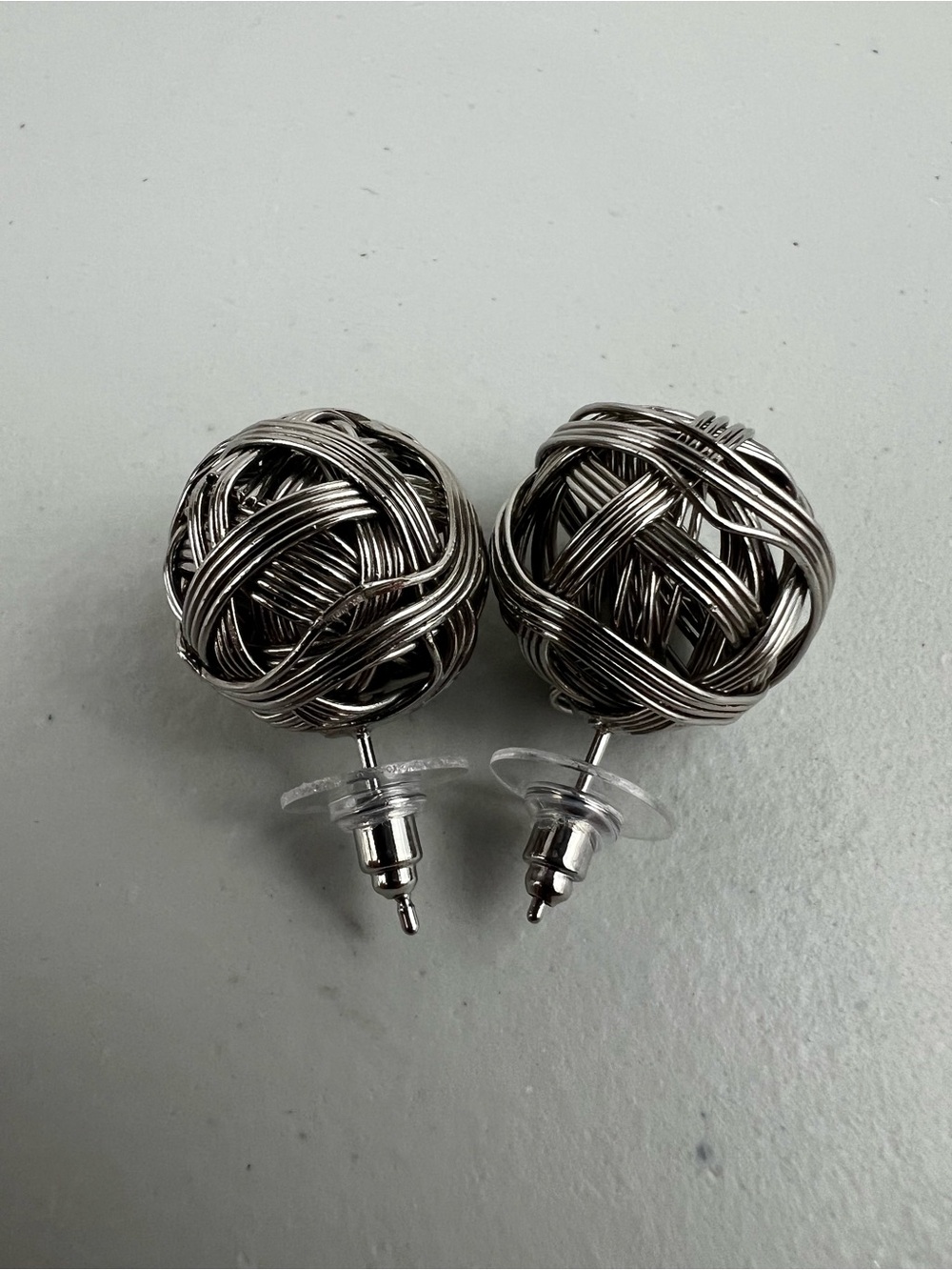 Vintage 1/2” Silver Woven Wire Ball Earrings - Mesh Knot Studs (Never Worn)